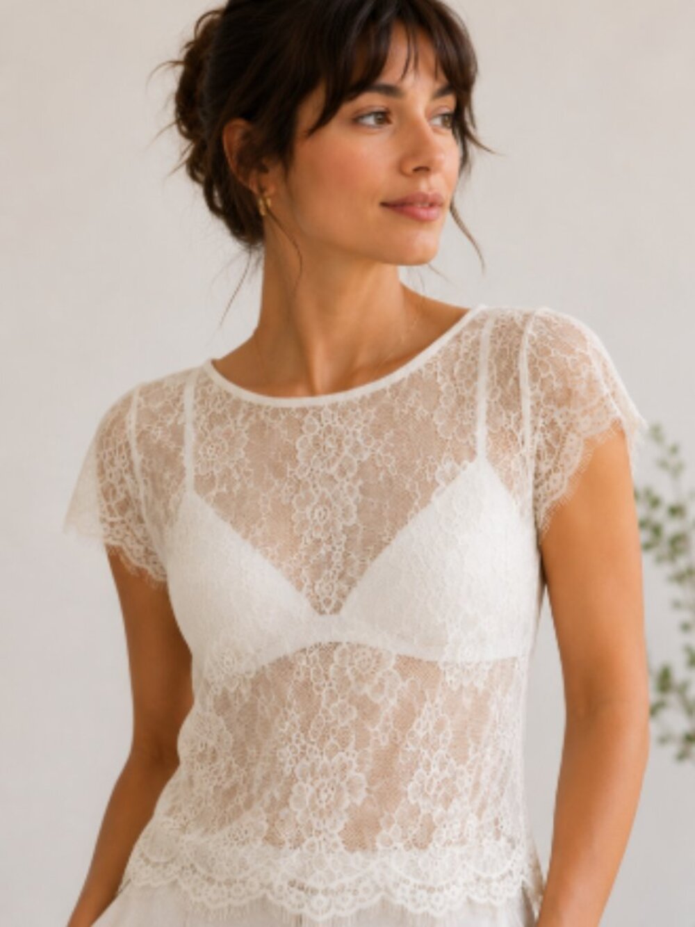 Lulu's Ivory Floral Lace Crop Top Small Boho Romantic Sheer S